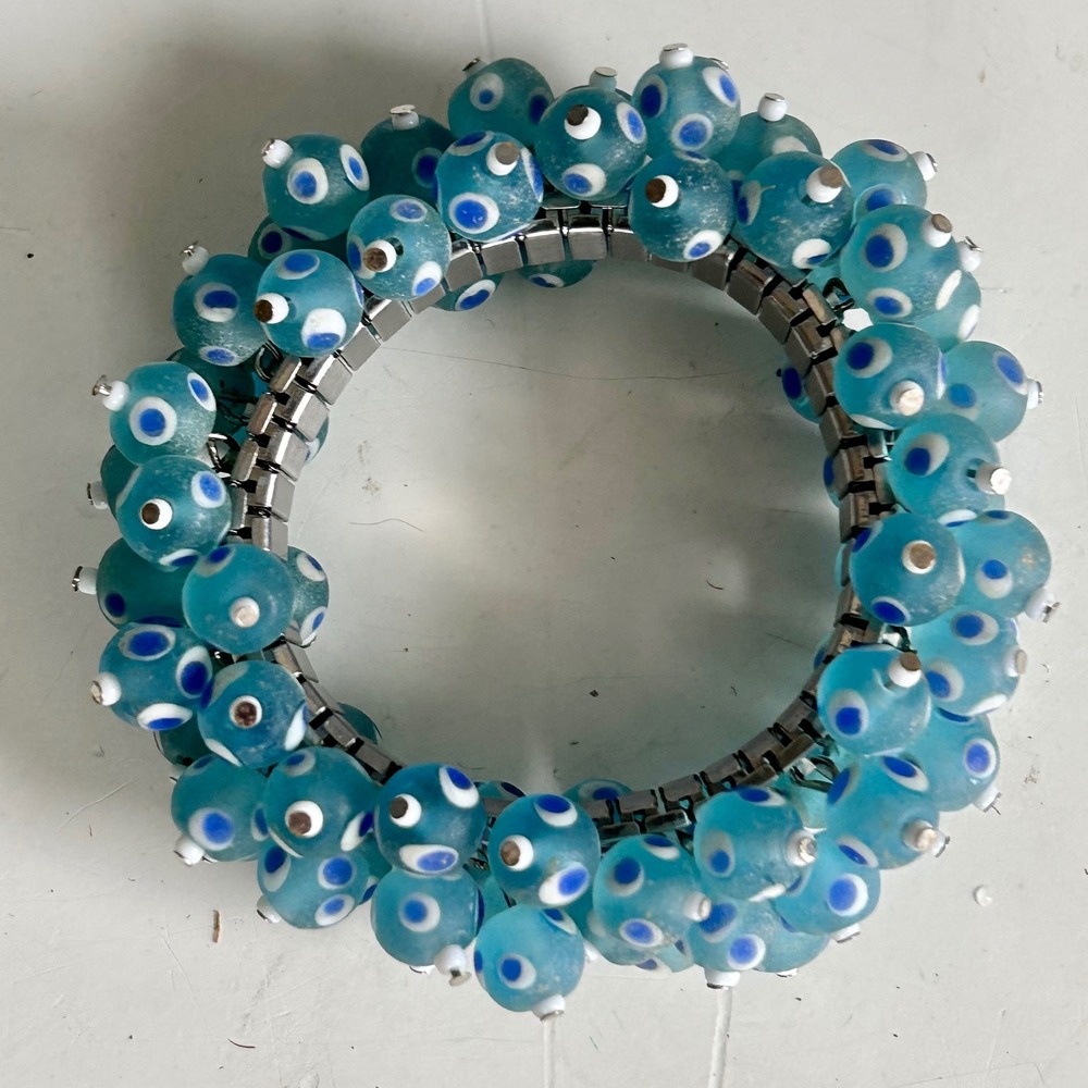 Vintage Evil Eye Bracelet Blue Murano Glass Bead Stretch Cluster Aquamarine
